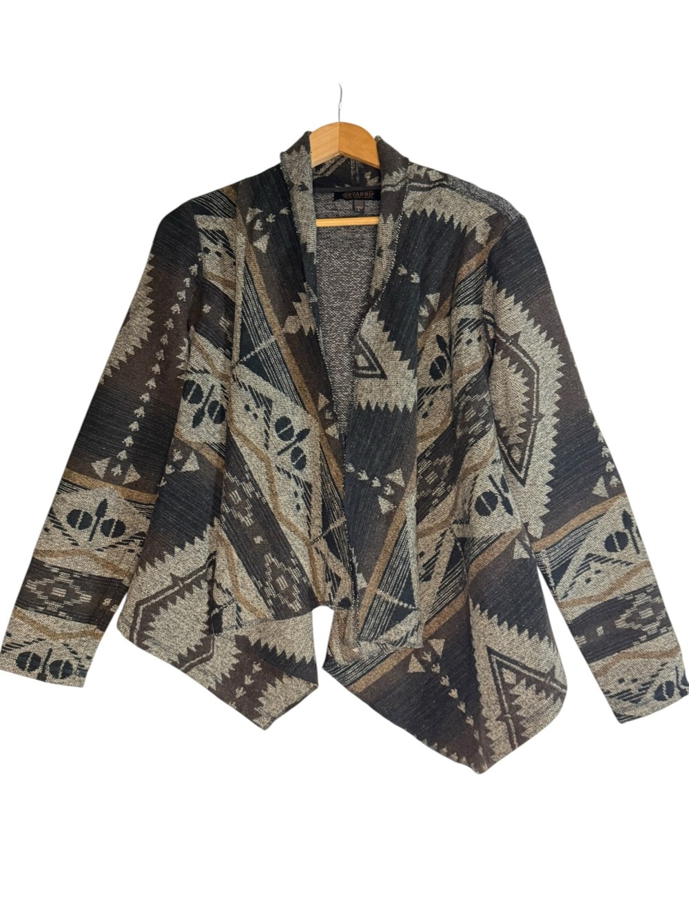 Shyanne Aztec-Pattern Draped Open-Front Jacket in Black, Brown, Gray LARGE